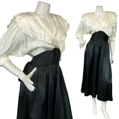 VTG 70S CHOON WHITE BLACK BATWING BERTHA COLLAR TIE WAIST EVENING PARTY DRESS 4