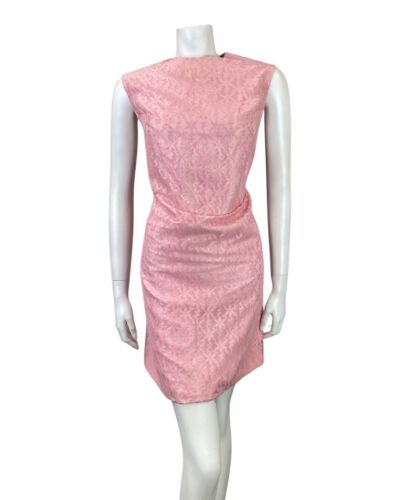 VINTAGE 60s 70s BABY PINK STAR EMBROIDERED SLEEVELESS SHIFT SHORT DRESS 14 16