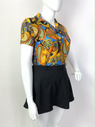 VTG 60s 70s YELLOW BLUE ORANGE PSYCHEDELIC FLORAL PAISLEY DAGGER SHIRT BLOUSE 16