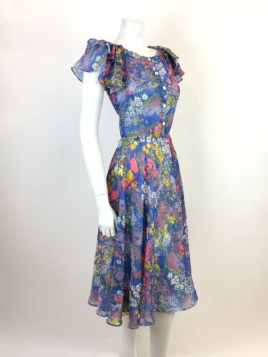 VTG 70s 80s BLUE WHITE PINK GREEN FLORAL DITSY SHEER RUFFLED SUMMER DRESS 8