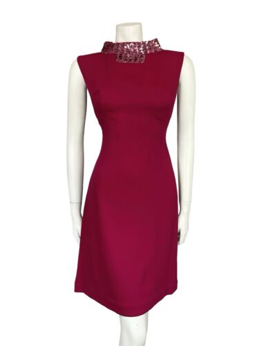 VTG 60S MOD RASPBERRY PINK SEQUIN COLAR SLEEVELESS SHIFT MINI PARTY DRESS S 8 10