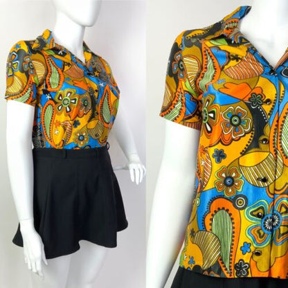 VTG 60s 70s YELLOW BLUE ORANGE PSYCHEDELIC FLORAL PAISLEY DAGGER SHIRT BLOUSE 16