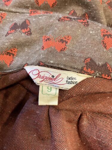 VINTAGE 60s 70s BROWN ORANGE BUTTERFLY PETER PAN COLLAR MOD TENT SWING DRESS 16
