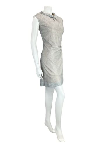 VTG 60S MOD PARTY SILVER LUREX FUNNEL NECK SLEEVELESS SHIFT DRESS 12 14