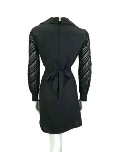 VTG 60S BLACK STRIPED BURNOUT VELVET SAILORS COLLAR BELTED LBD PARTY DRESS 14