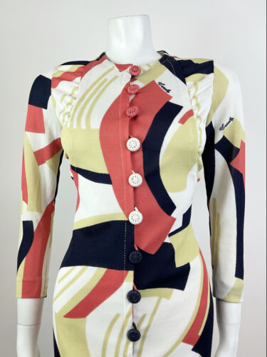 VINTAGE 70s WHITE BLUE RED CREAM GEOMETRIC ABSTRACT MOD FITTED DRESS 10 12