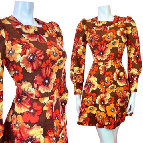 VINTAGE 60s 70s BROWN ORANGE RED FLORAL MOD SKATER SWING SHORT DRESS 8 10