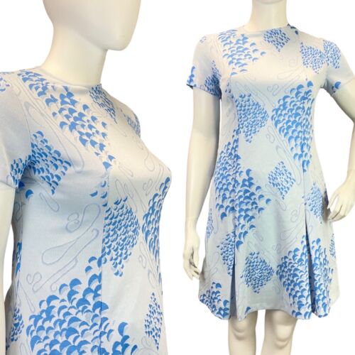 VINTAGE 60s 70s BABY BLUE NAVY ABSTRACT GEOMETRIC MOD SHORT SLEEVE DRESS 16