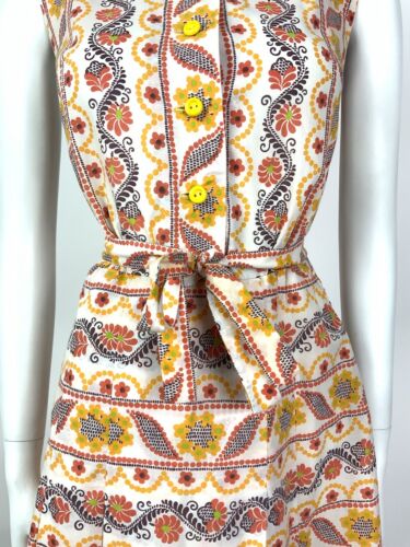 VTG 60s 70s WHITE ORANGE BROWN YELLOW STRIPED FLORAL DAGGER SHIRT DRESS 10 12