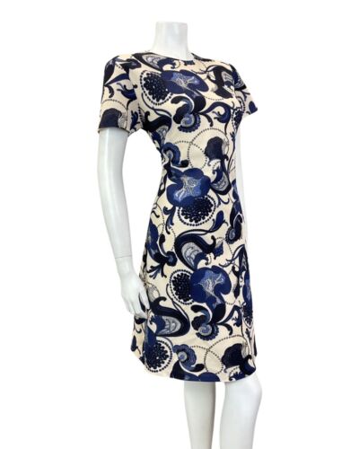VINTAGE 60s 70s CREAM BLUE PSYCHEDELIC SWIRL FLORAL MOD SHORT DRESS 14 16