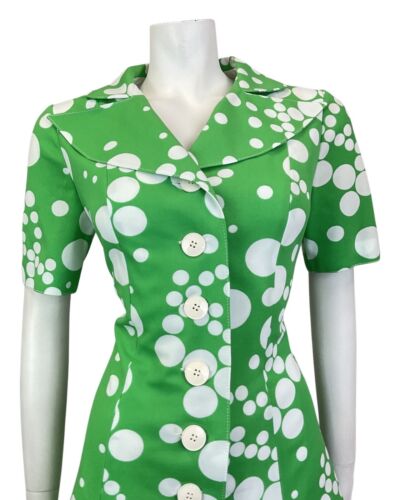 VINTAGE 60s 70s APPLE GREEN WHITE SPOTTED DOTTY MOD WING COLLAR SHIRT DRESS 12