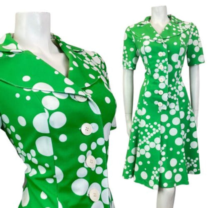 VINTAGE 60s 70s APPLE GREEN WHITE SPOTTED DOTTY MOD WING COLLAR SHIRT DRESS 12