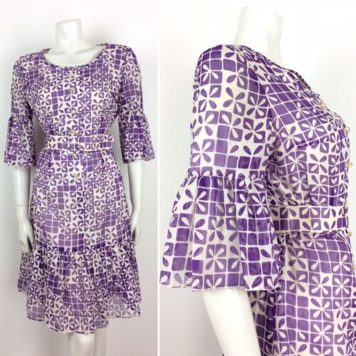 60S 70S VTG WHITE PURPLE GEOMETRIC FLOWER BELL SLEEVE BELT DRESS 12 14