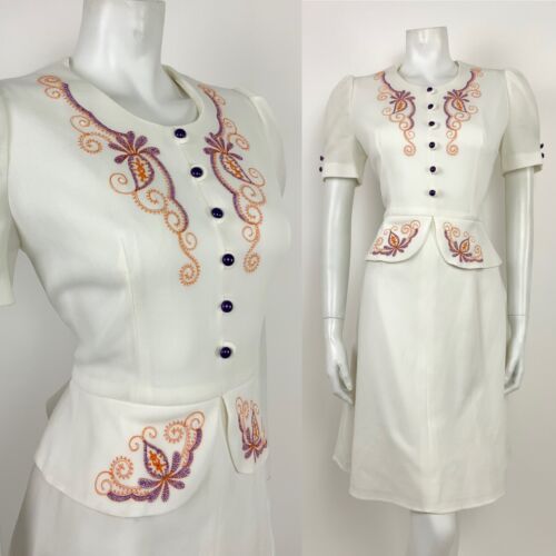 VTG 60s 70s WHITE PURPLE ORANGE EMBROIDERED FLORAL FOLK PAISLEY PEPLUM DRESS 14