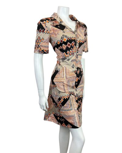 VINTAGE 60s 70s BEIGE BLACK RED ORANGE GEOMETRIC SQUARE MOD SHIRT DRESS 14 16