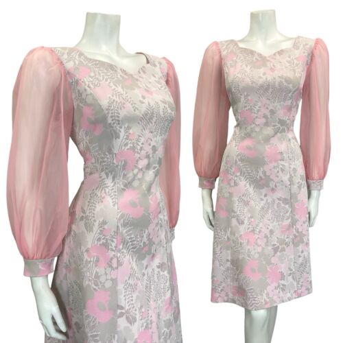 VTG 60S PINK GREY SILVER  FLORAL SWEETHEART MESH SLEEVE PARTY MINI DRESS 12