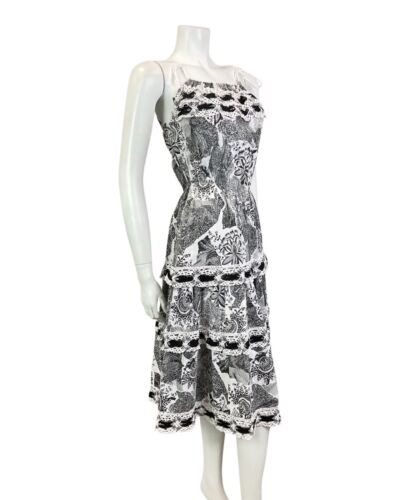 VTG 70s WHITE BLACK FLORAL CROCHETED BOHO FOLK PRAIRIE TIERED SUMMER DRESS 8 10