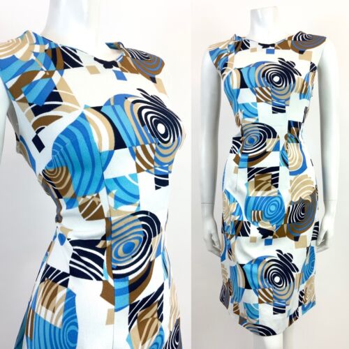 VTG 60s 70s WHITE BLUE BROWN GEOMETRIC PSYCHEDELIC SWIRL MOD SLEEVELESS DRESS 16