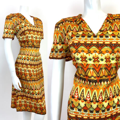 VTG 60s 70s YELLOW ORANGE GREEN BLACK GEOMETRIC AZTEC PSYCHEDELIC DRESS 12 14