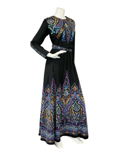 VTG 70S BLACK BLUE PURPLE BELTED PSYCHDELIC HIPPY MANDALA MAXI DRESS 16 18 L