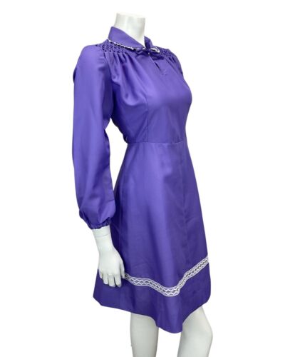 VINTAGE 60s 70s PURPLE WHITE LACE PETER PAN COLLAR PRAIRIE DRESS 10