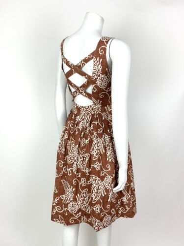 VTG 70s 80s BROWN WHITE FLORAL BATIK STRAPPY CROSS BACK SUMMER SUNDRESS 10