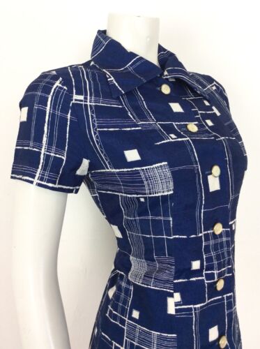 VINTAGE 60s 70s NAVY BLUE SHIRT DRESS GEOMETRIC WHITE SQUARES 8 10