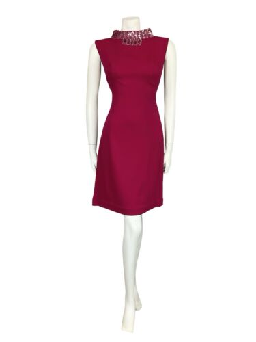 VTG 60S MOD RASPBERRY PINK SEQUIN COLAR SLEEVELESS SHIFT MINI PARTY DRESS S 8 10