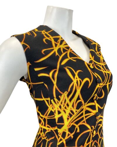 VTG 60s 70s BLACK YELLOW ORANGE FLAMES PSYCHEDELIC SLEEVELESS MAXI DRESS 14 16