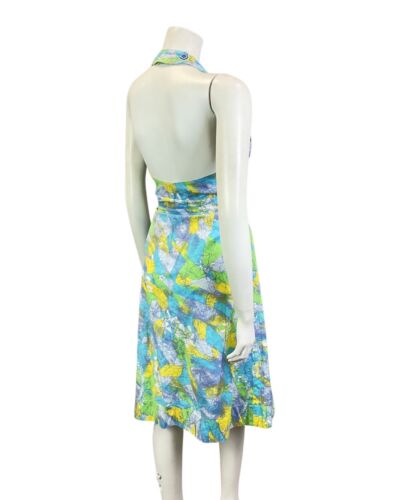 VINTAGE 60s 70s BLUE GREEN YELLOW PSYCHEDELIC HALTER SWING DRESS 12 14