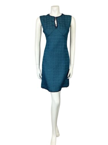 VTG 60S CHECKERBOARD EMBOSSED NAVY BEADED KEYHOLE SLEEVELESS MINI PARTY DRESS 10