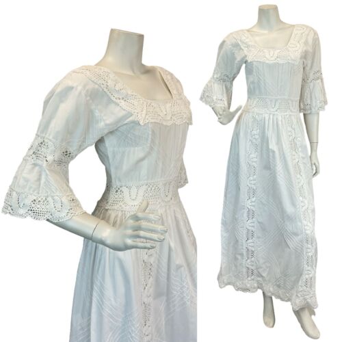 VTG 60s 70s WHITE COTTON BRODERIE LACE PRAIRIE BOHO WEDDING MAXI DRESS 6 8