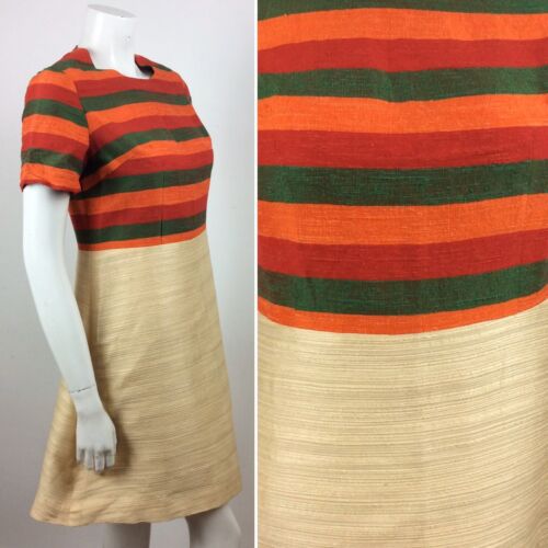 VTG 60S GREEN, RED, ORANGE CREAM STRIPED PREPPY VINTAGE DRESS