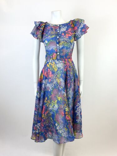 VTG 70s 80s BLUE WHITE PINK GREEN FLORAL DITSY SHEER RUFFLED SUMMER DRESS 8