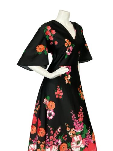 VTG 70S ANGEL SLEEVE BLACK RED PINK FLORAL PLUNGING NECKLINE MAXI DRESS 14 16