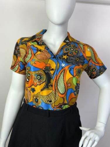 VTG 60s 70s YELLOW BLUE ORANGE PSYCHEDELIC FLORAL PAISLEY DAGGER SHIRT BLOUSE 16