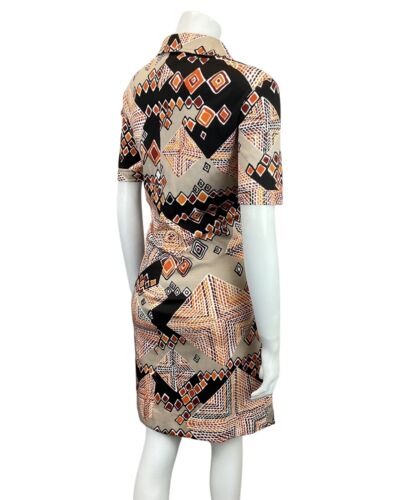 VINTAGE 60s 70s BEIGE BLACK RED ORANGE GEOMETRIC SQUARE MOD SHIRT DRESS 14 16