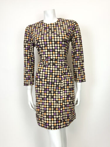 VTG 60s 70s STYLE 90s BLACK BEIGE PURPLE POLKA-DOT MOD SHORT SCOOTER DRESS 10 12