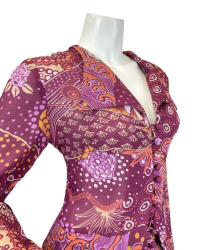 VINTAGE 60s 70s PURPLE ORANGE PSYCHEDELIC FLORAL MOD PEPLUM MAXI DRESS 8 10