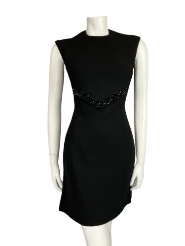 VTG 60S MOD BLACK WOOL BASQUE WAIST BEADED PANEL EVENING PARTY MINI DRESS S 8 10