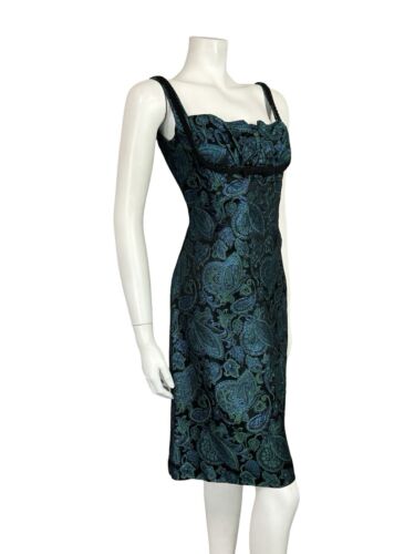 VTG 60S BLACK BLUE GREEN METALLIC PAISLEY FLORAL EMPIRE STRAPPY PARTY DRESS 8 10