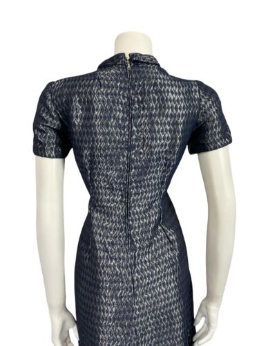 VTG 60S NAVY BLUE STEEL GREY SHINY DIAMOND GEOMETRIC MOD PARTY MINI DRESS 12