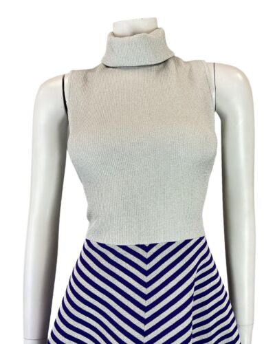 VTG 60s 70s SILVER PURPLE STRIPED LUREX TURTLENECK FIT & FLARE MOD DRESS 8 10