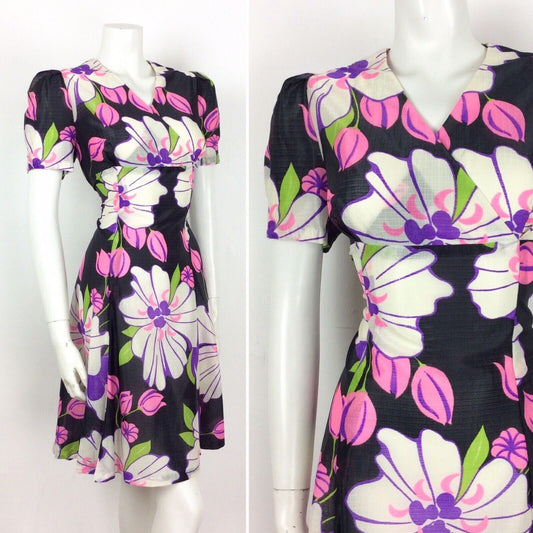 VINTAGE 60S 70S PSYCHEDELIC BLACK GREEN PINK FLORAL EMPIRE DRESS 14