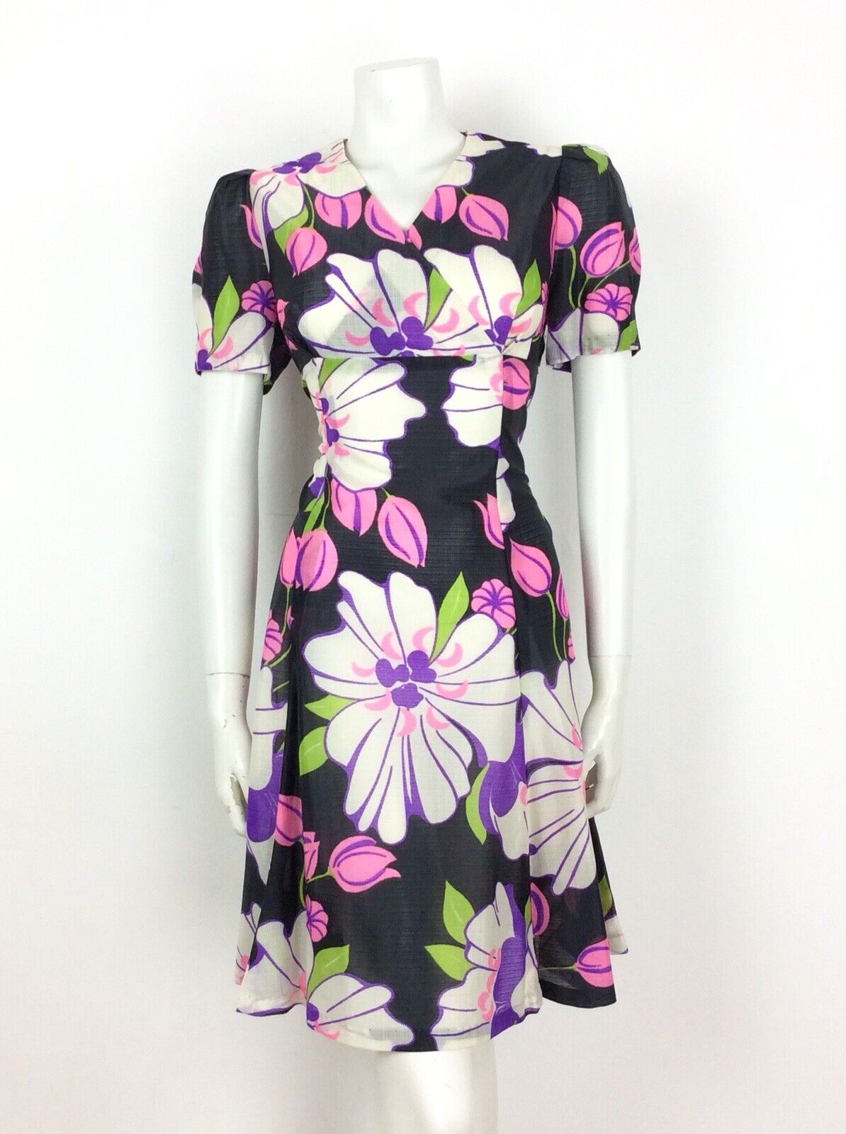 VINTAGE 60S 70S PSYCHEDELIC BLACK GREEN PINK FLORAL EMPIRE DRESS 14