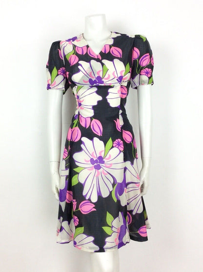 VINTAGE 60S 70S PSYCHEDELIC BLACK GREEN PINK FLORAL EMPIRE DRESS 14