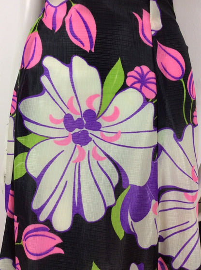 VINTAGE 60S 70S PSYCHEDELIC BLACK GREEN PINK FLORAL EMPIRE DRESS 14