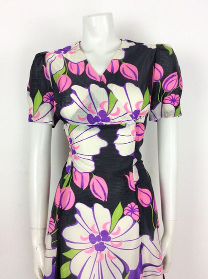 VINTAGE 60S 70S PSYCHEDELIC BLACK GREEN PINK FLORAL EMPIRE DRESS 14
