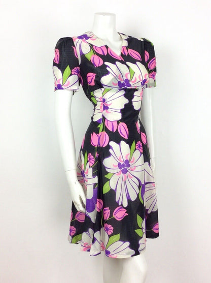 VINTAGE 60S 70S PSYCHEDELIC BLACK GREEN PINK FLORAL EMPIRE DRESS 14