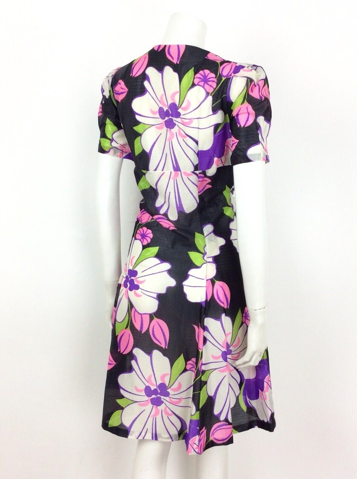 VINTAGE 60S 70S PSYCHEDELIC BLACK GREEN PINK FLORAL EMPIRE DRESS 14